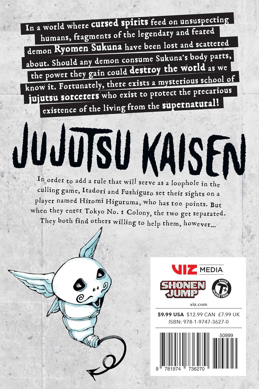 Back cover of 'Jujutsu Kaisen' with text and character illustration.