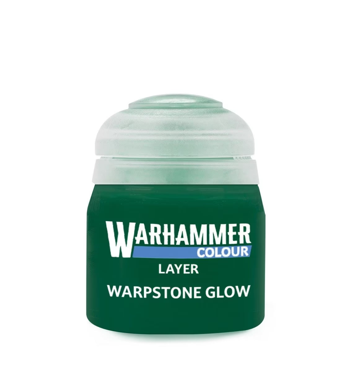 A jar of Warhammer Colour Layer paint in the shade Warpstone Glow, featuring a dark green body and a translucent light green cap on a white background.