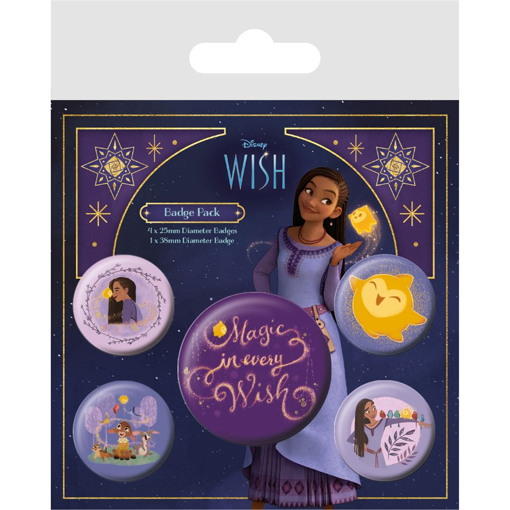 Pack of Disney badges featuring characters and 'Magic in every wish' text on a purple background.