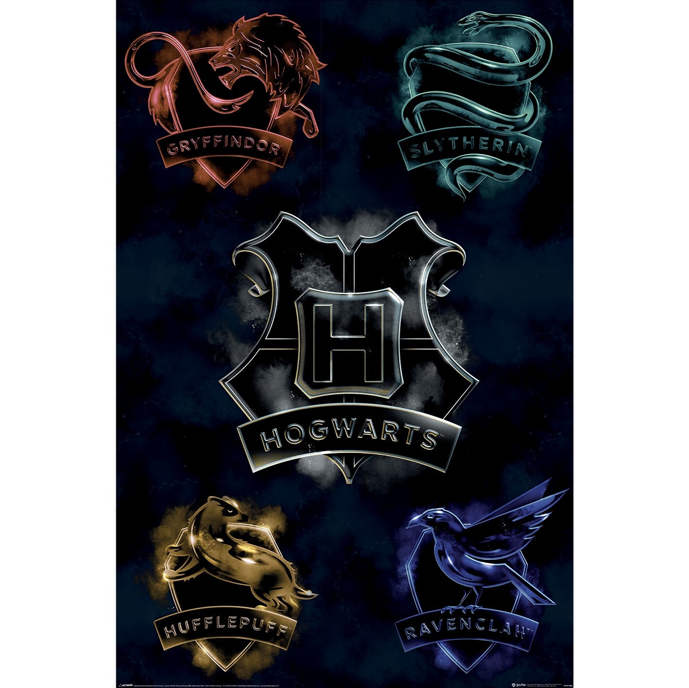 A Hogwarts-themed graphic poster featuring the four Hogwarts houses: Gryffindor in orange, Slytherin in teal, Hufflepuff in gold, and Ravenclaw in blue, surrounding a large silver Hogwarts crest in the center on a dark smoky background.