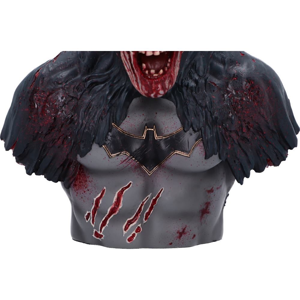 Bust of a character with a dark cape and bloodstains on a white background