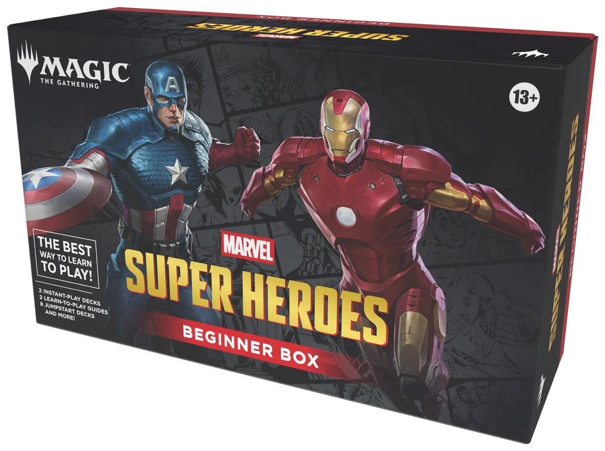 Marvel Super Heroes beginner box for Magic: The Gathering with Captain America and Iron Man on the packaging.