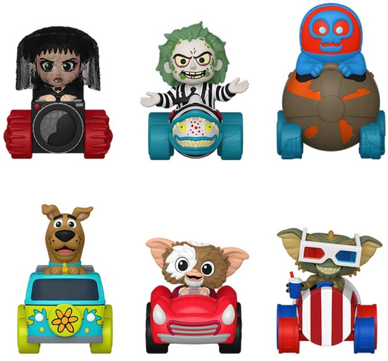 Six cartoon character toy figures arranged in two rows on a plain white background: Grifter and her red vehicle, a green-haired horror character in a striped car, a red-headed ball character in a blue vehicle, Scooby-Doo in a turquoise car, a brown creature in a red car, and a green character in a red-and-blue striped vehicle.