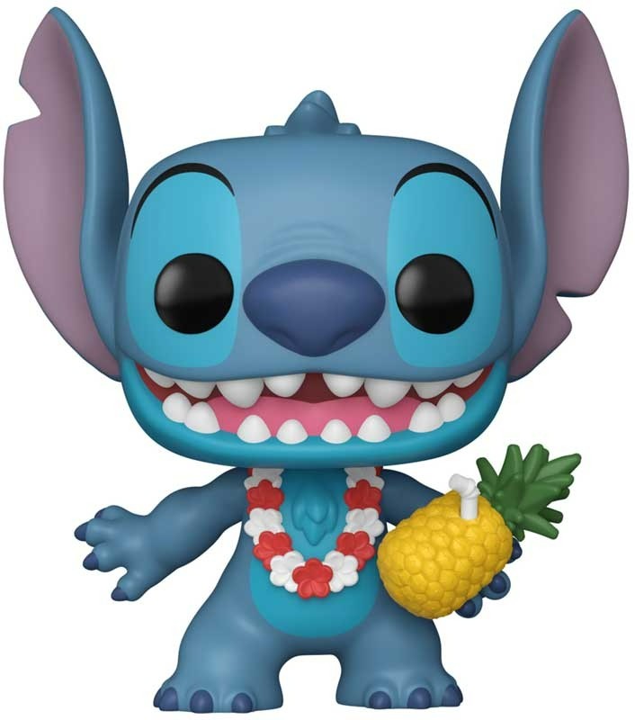 Blue animated character with a pineapple and lei on a white background