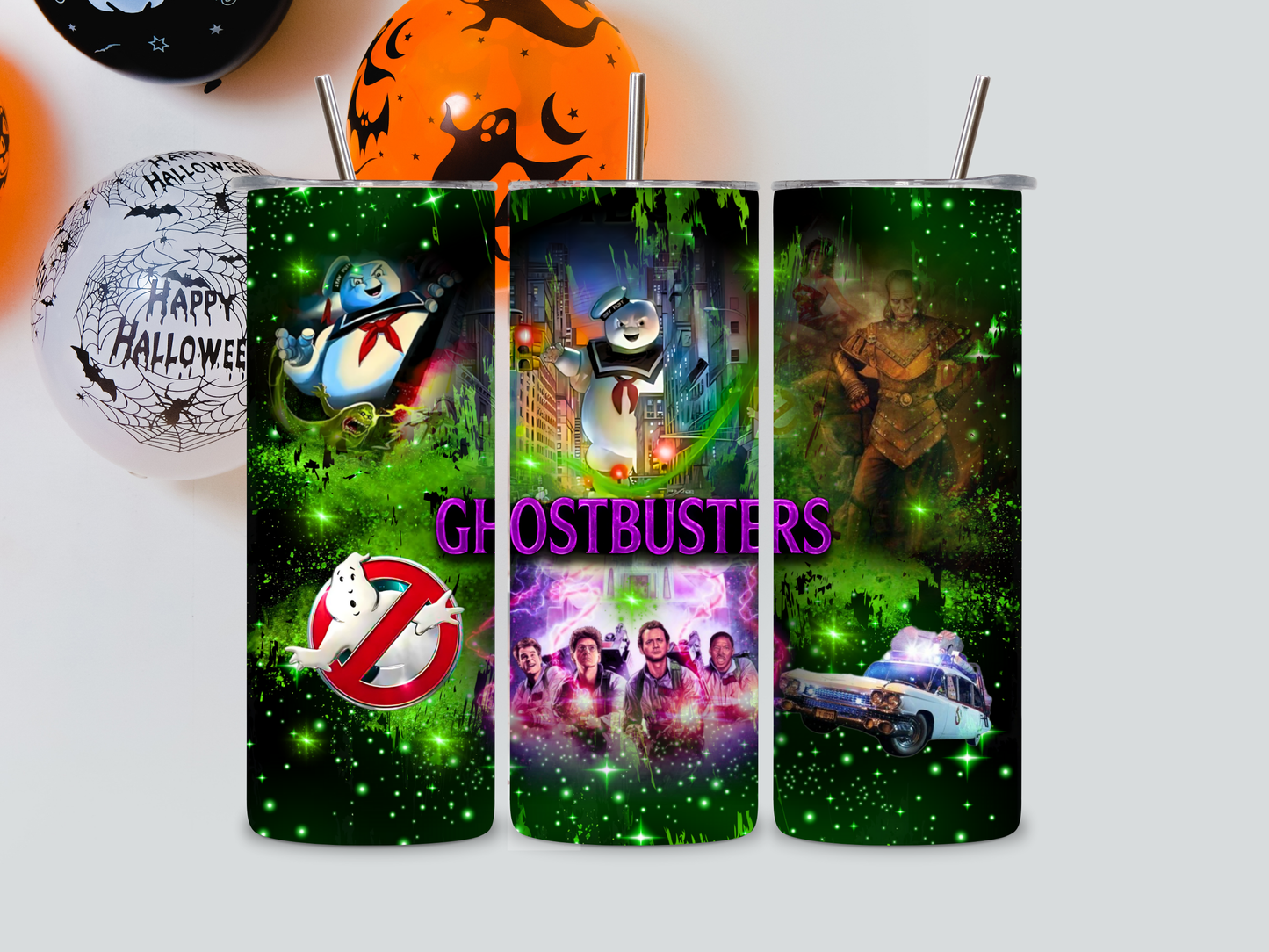 Three tumbler designs featuring 'Ghostbusters' characters and elements on a white background.