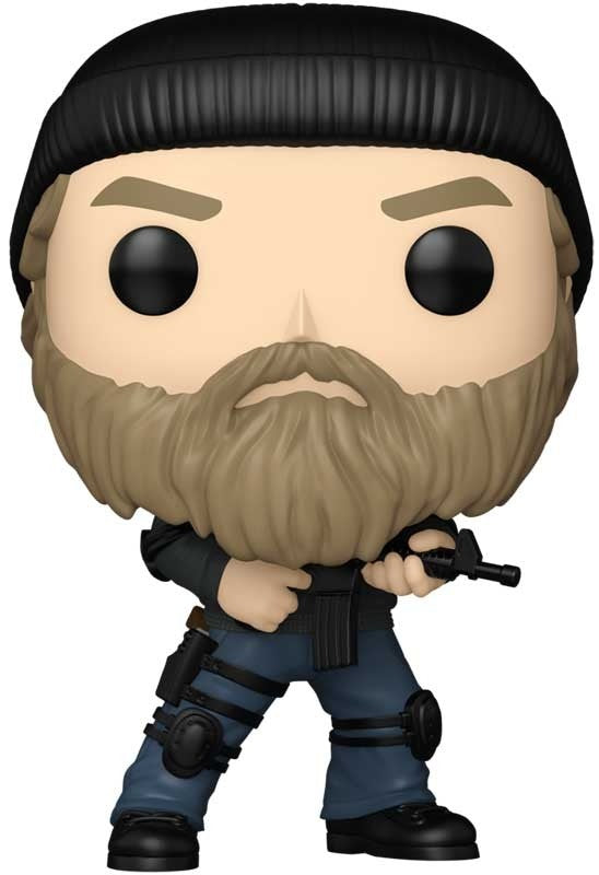 Funko Pop! vinyl figure with a character wearing a black helmet, beard, and holding a weapon on a white background