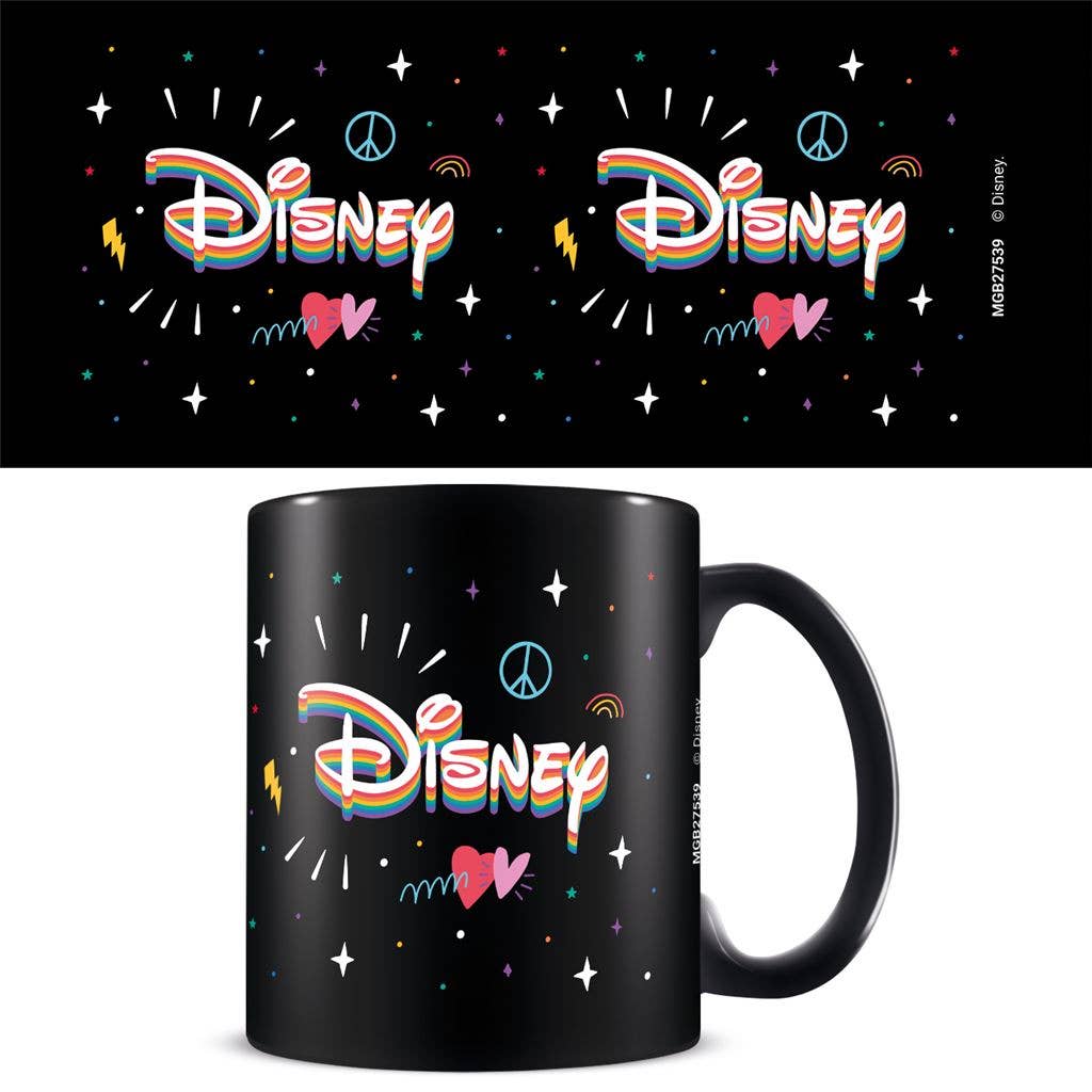 Black mug with colorful Disney logo design on a white background