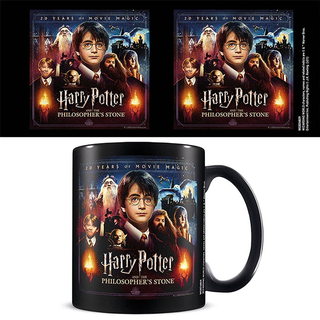 Black mug with 'Harry Potter' movie poster design on a white background