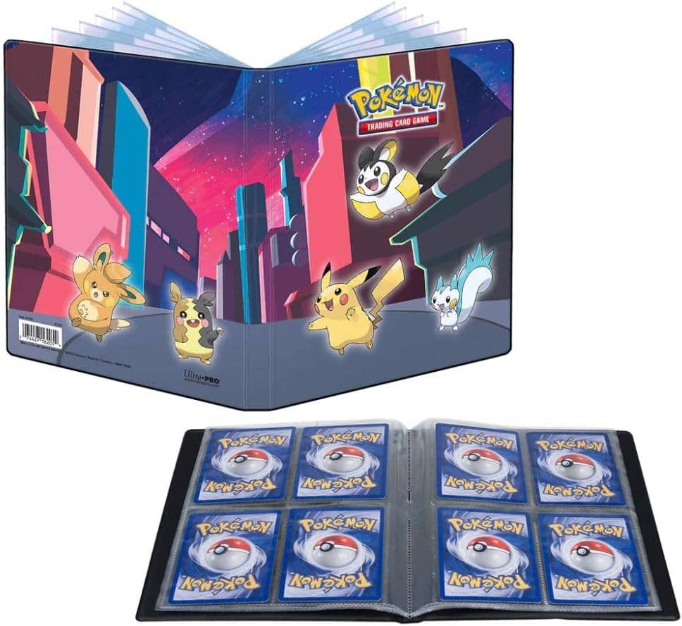 Pokémon trading card album with cards and Pokémon illustrations on a white background