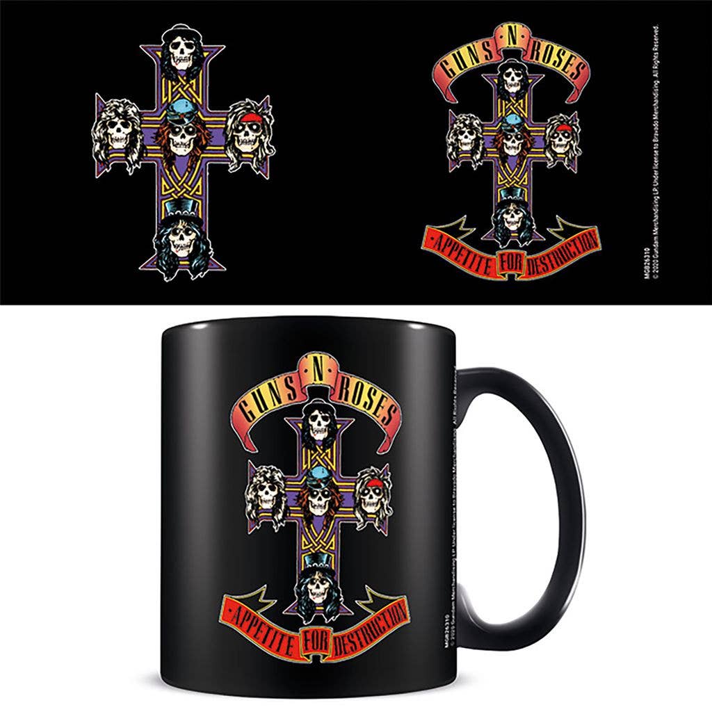 Black mug with Guns N' Roses 'A Appetite for Destruction' design on a white background