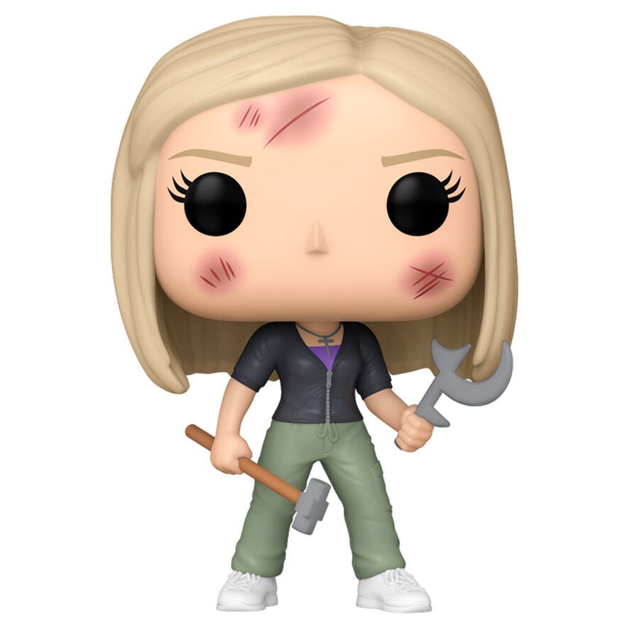 Funko Pop! vinyl figure with blonde hair, black eyes, and holding a weapon on a white background