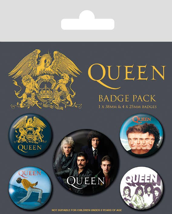Queen badge pack with logos and images on a gray background
