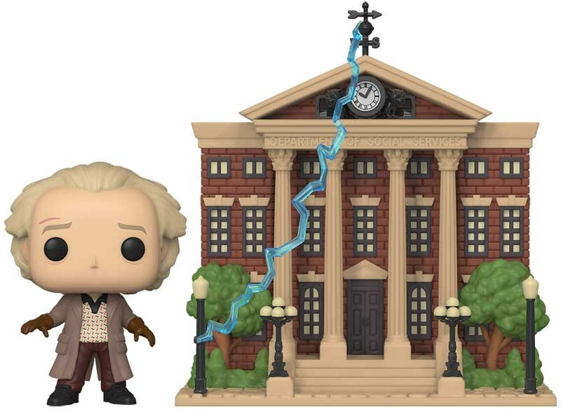 Figurine of a character with a building and lightning effect in the background