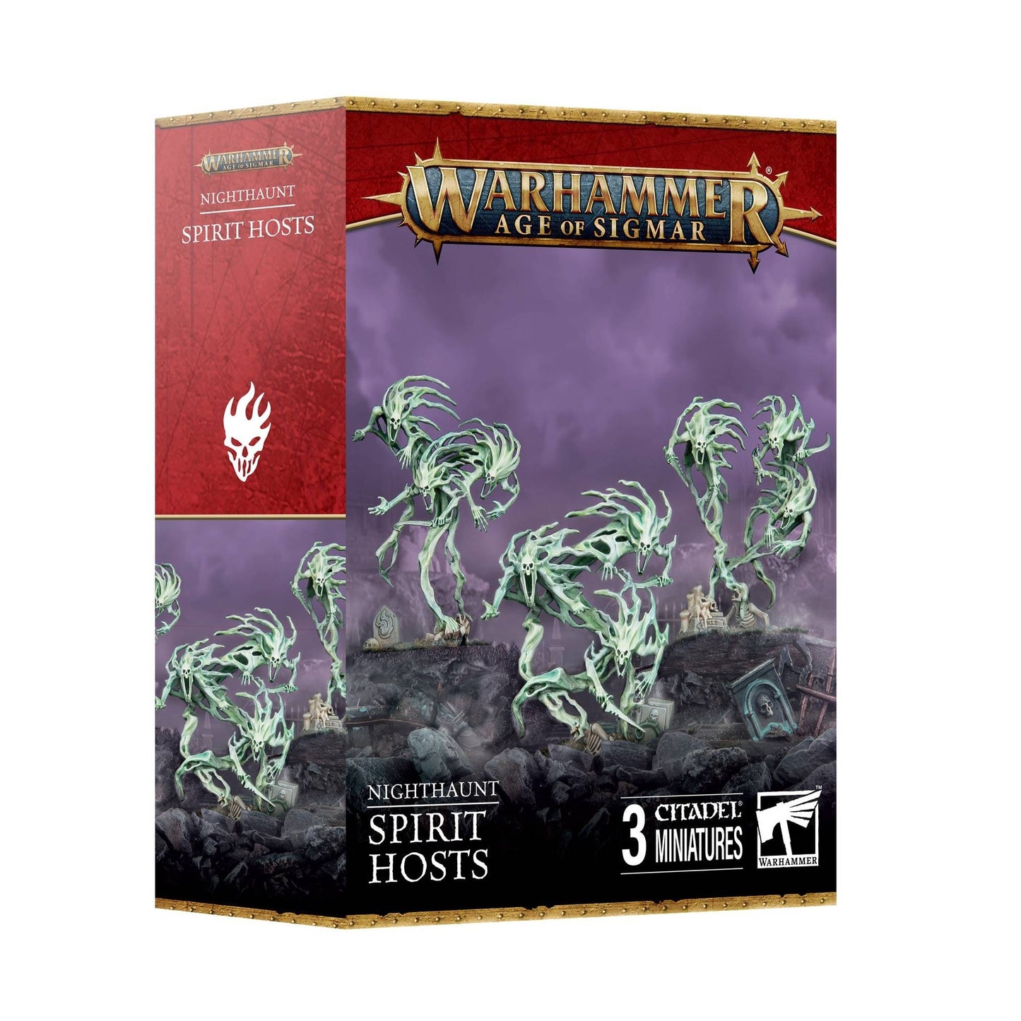 Warhammer Age of Sigmar Nighthaunt Spirit Hosts game box with miniatures on a purple background