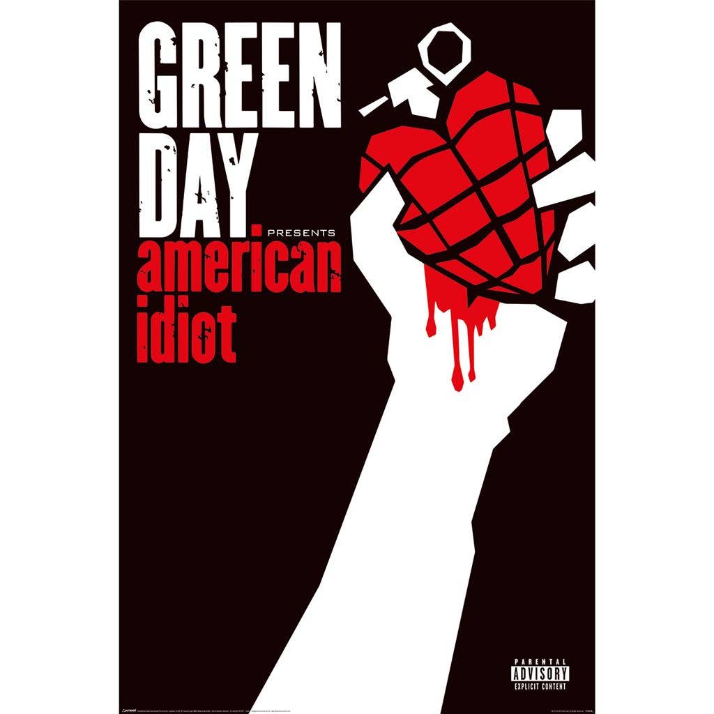 Poster of Green Day's 'American Idiot' album with a hand holding a red grenade.