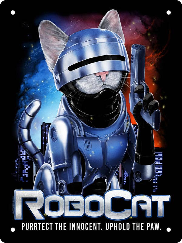 Robotic cat in space-themed helmet holding a gun with 'RoboCat' text below.