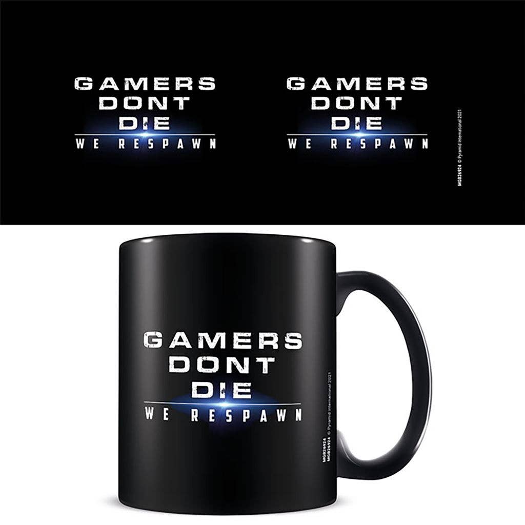 Black mug with 'GAMERS DON'T DIE WE RESPAWN' text on a white background
