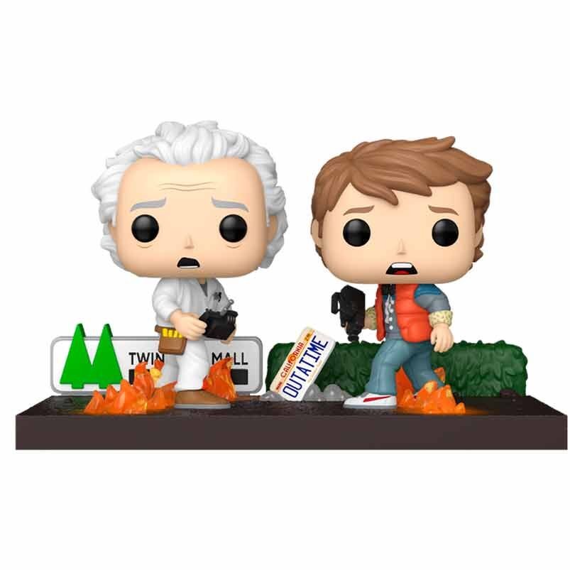 Two Funko Pop! figures of a man with white hair and another with brown hair, standing on a set with a Twin Mall sign and trees.