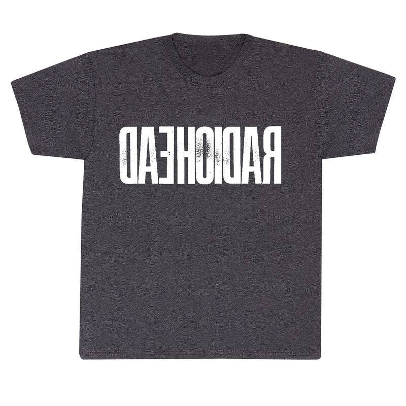 Black t-shirt with 'Radiohead' text on a white background