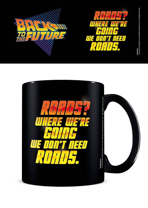 Black mug with 'Back to the Future' text design on a white background