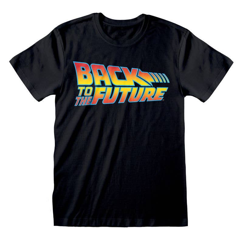Black t-shirt with 'Back to the Future' logo on a white background