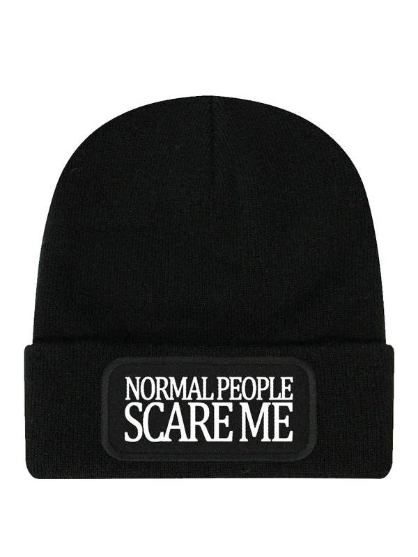 Black beanie with 'Normal People Scare Me' patch on a white background