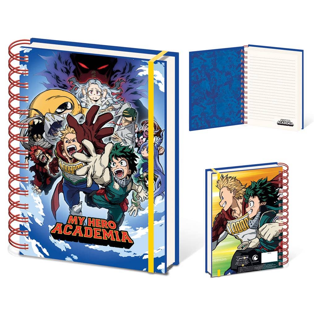 Notebook with 'My Hero Academia' cover design on a white background