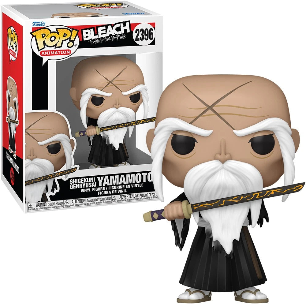 Funko Pop! Animation vinyl figure of Shigekuni Yamamoto from Bleach, shown next to its retail box. The figure is bald with a long white beard, wearing a black robe and holding a sword with a black and gold hilt.