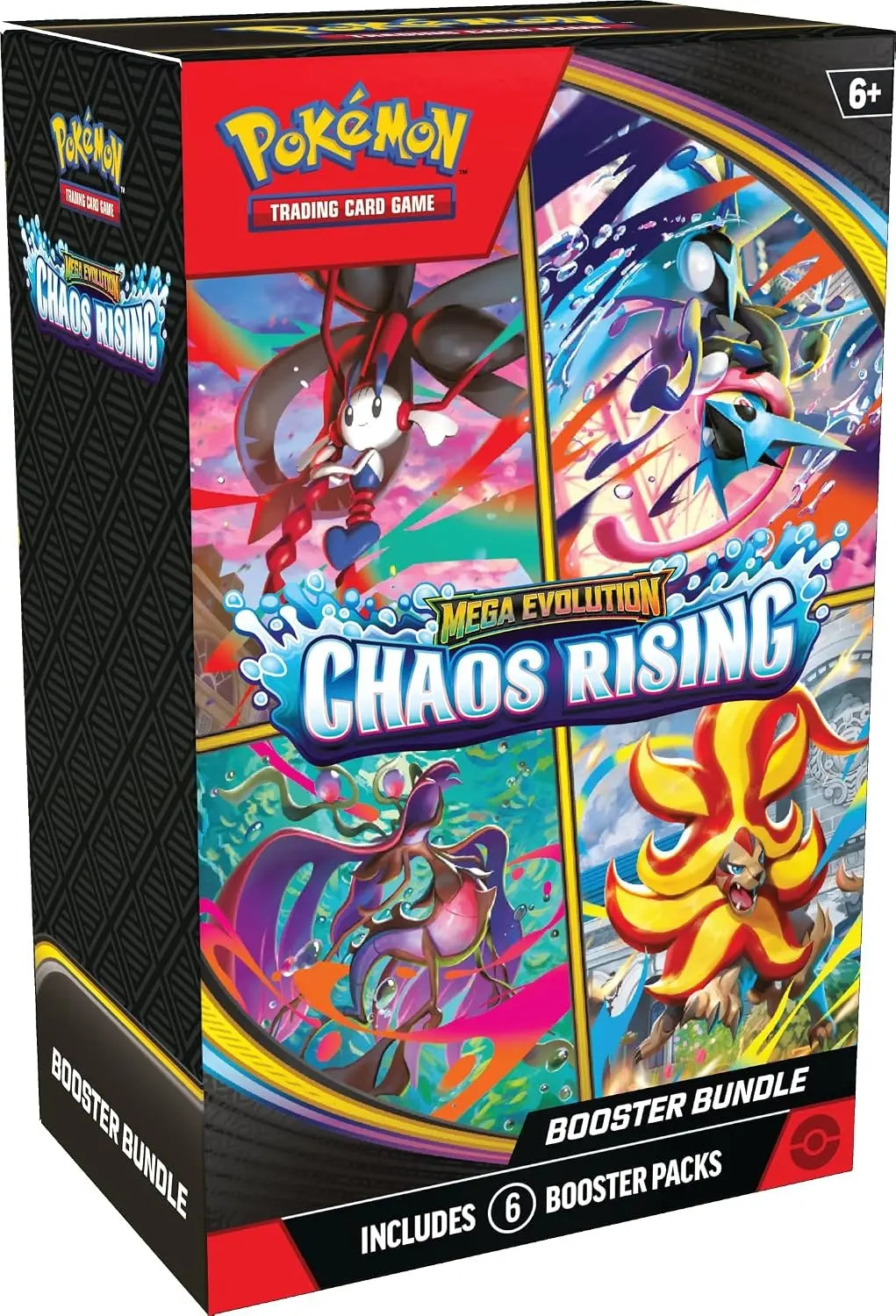 Pokémon Trading Card Game Mega Evolution Chaos Rising Booster Bundle box, featuring vibrant anime artwork of various characters on the front and side panels.