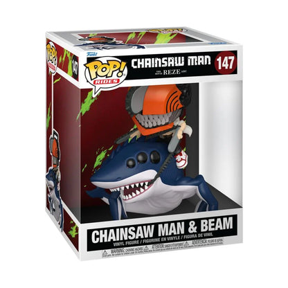 Funko Pop! vinyl figure packaging featuring Chainsaw Man and Beam on a shark with colorful design elements.
