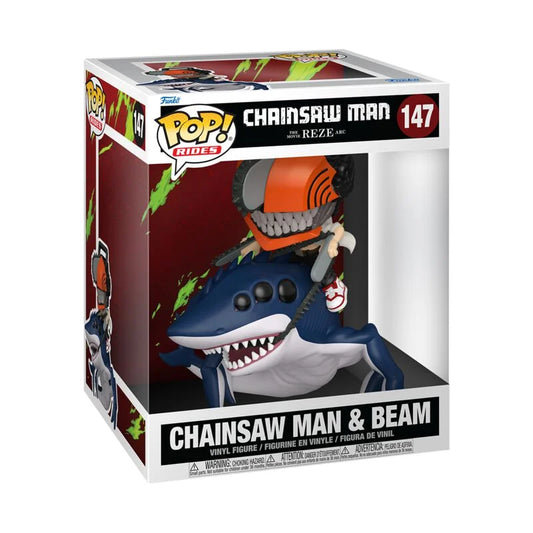 Funko Pop! vinyl figure packaging featuring Chainsaw Man and Beam on a shark with colorful design elements.