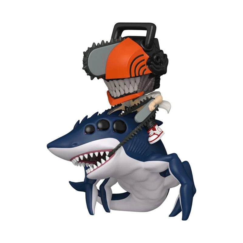 Shark figurine with a chainsaw on a white background