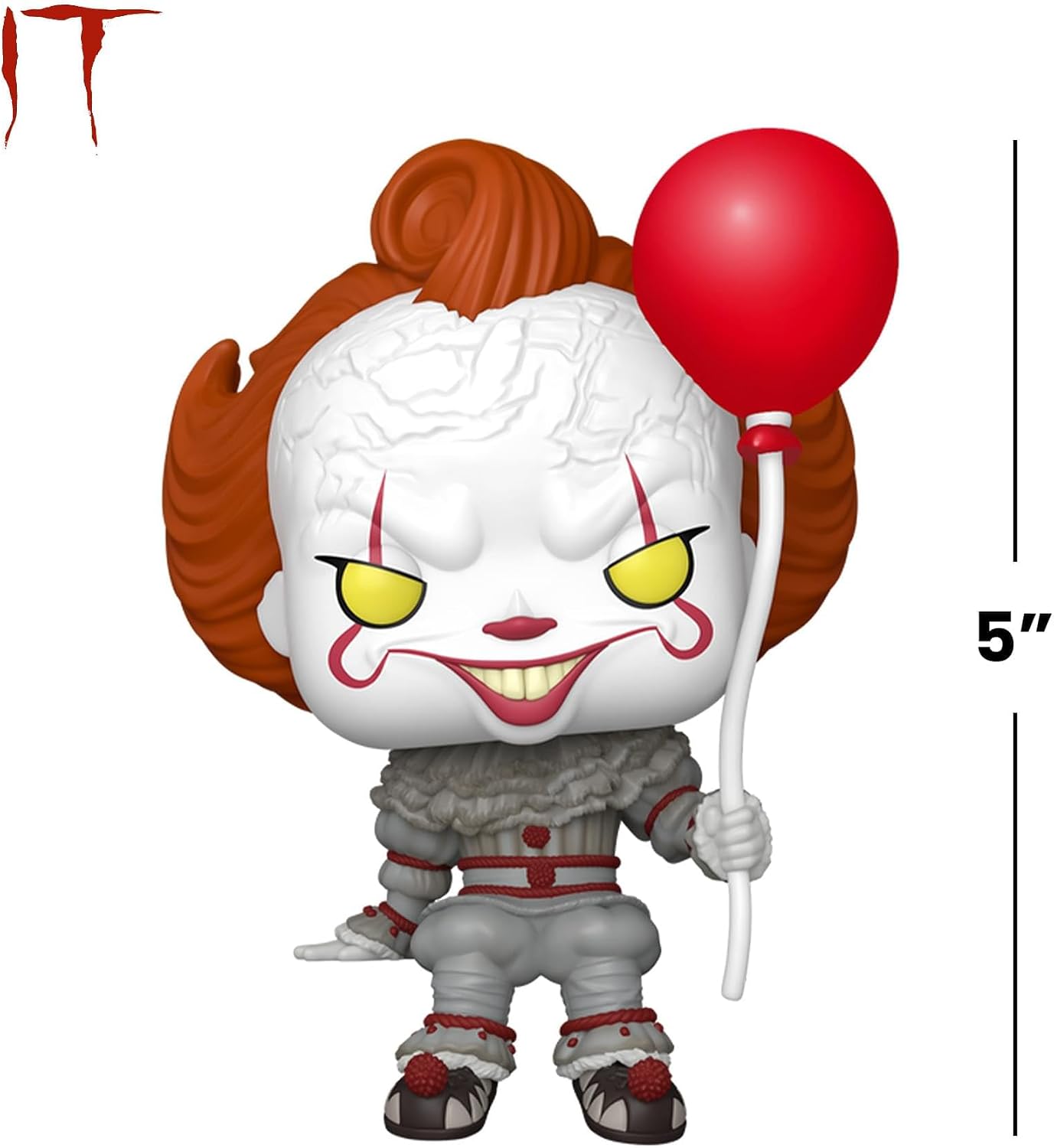 A stylized vinyl figure of Pennywise the Clown from IT, holding a red balloon. The figure has orange hair, a white brain-like face, yellow eyes, and a gray and red outfit.