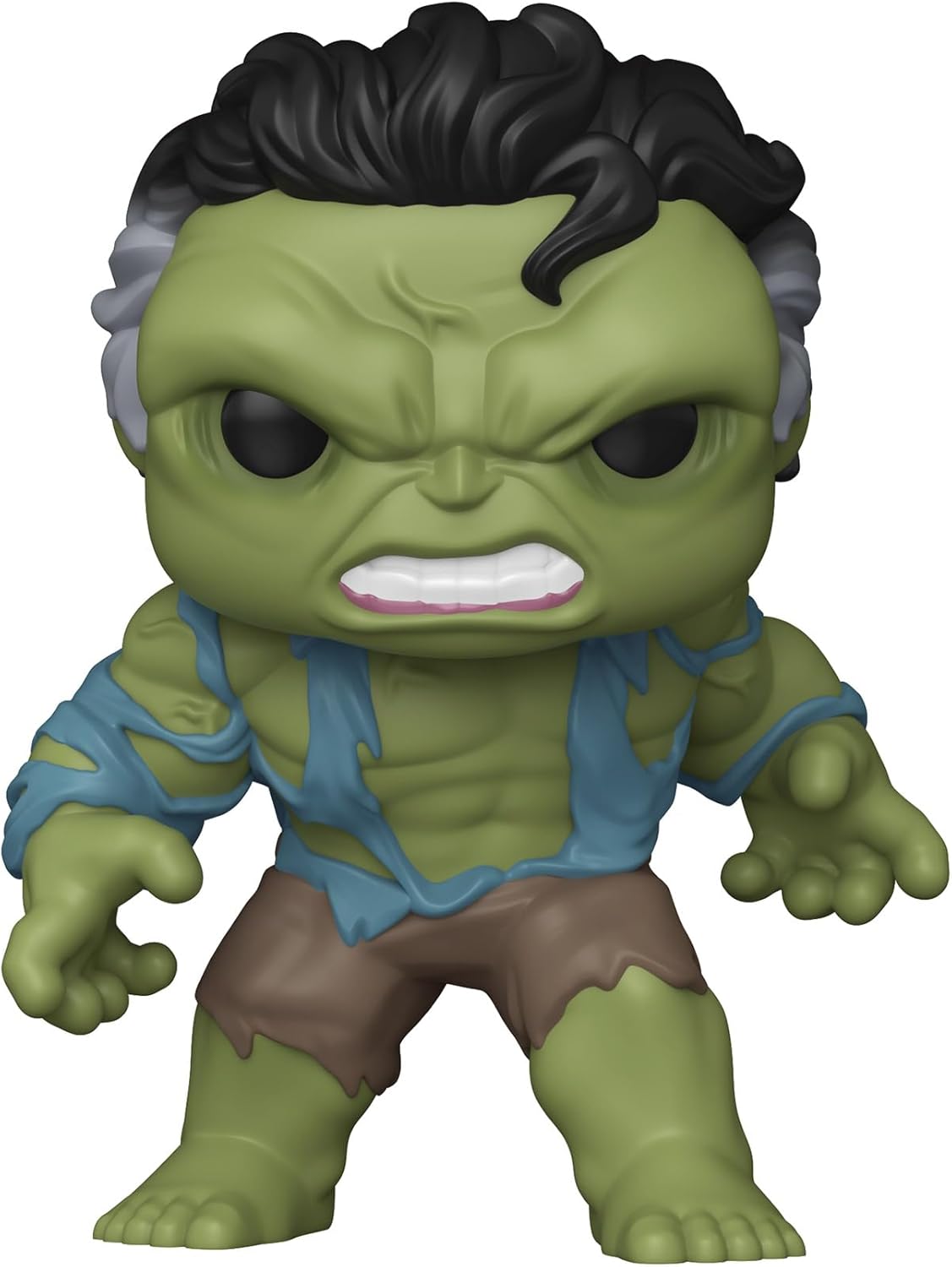 Toy figure of a green superhero with black hair on a white background