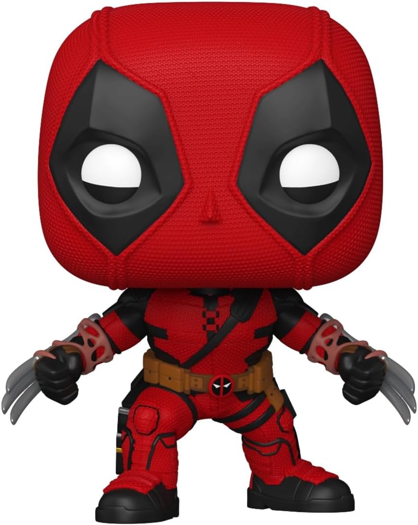 Funko Pop! vinyl figure of Deadpool, featuring his signature red and black suit, brown utility belt, and metallic claws on his gloves, set against a plain white background.