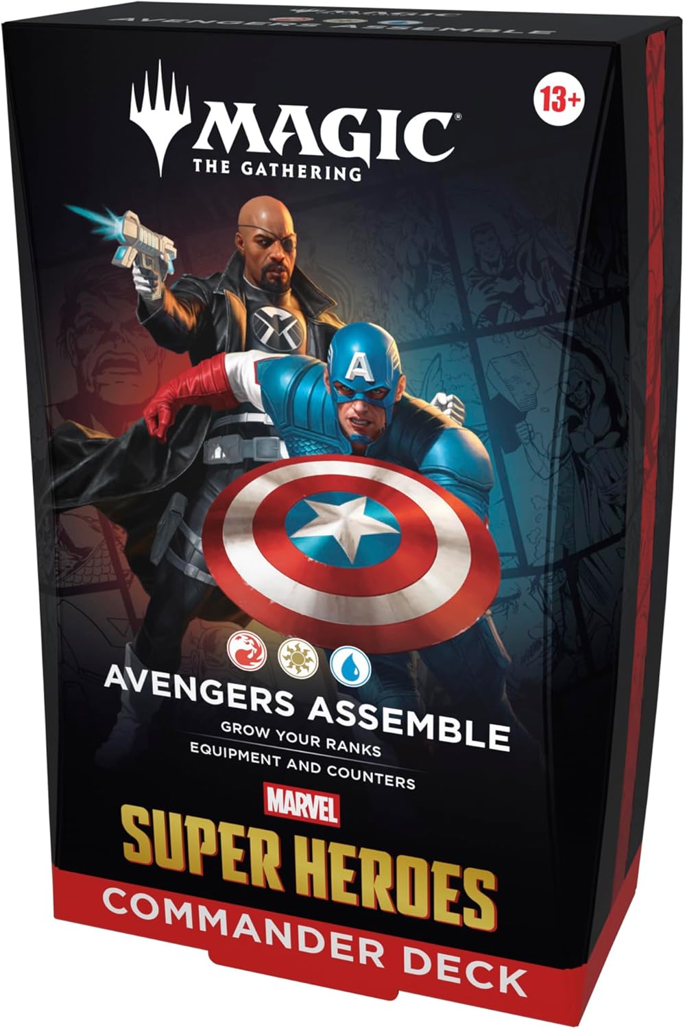 Magic the Gathering Marvel Super Heroes Commander Deck packaging with Captain America and a character holding a gun.