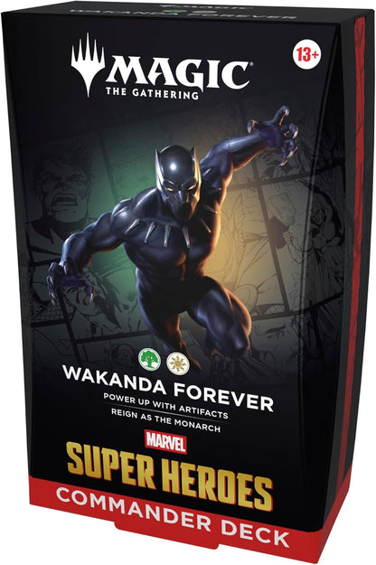 Card game box for 'Wakanda Forever' from 'Magic: The Gathering' featuring Marvel Super Heroes.