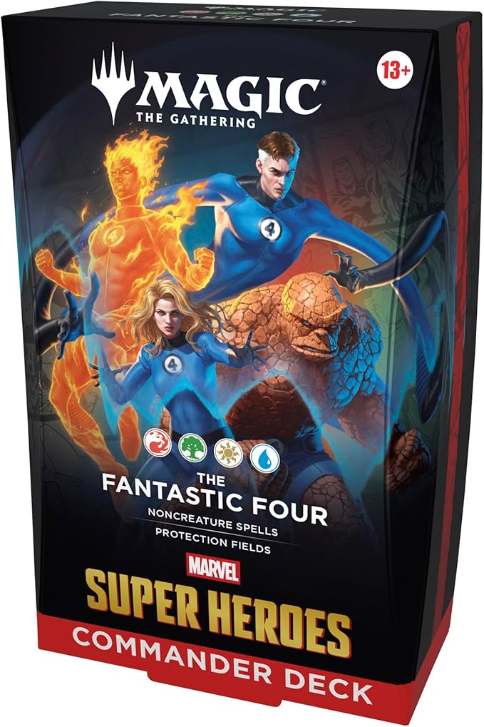 Card game box featuring characters from 'The Fantastic Four' and 'Marvel Super Heroes' with 'Magic: The Gathering' branding.