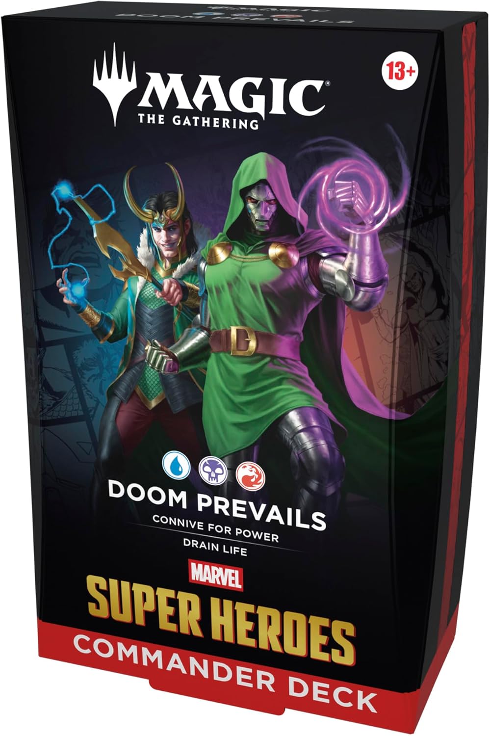 Card game box for 'Doom Prevails' from 'Magic: The Gathering' featuring Marvel Super Heroes.