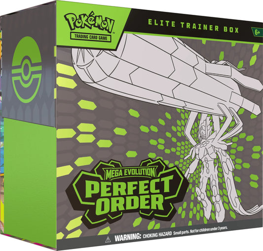 Pokémon Trading Card Game Elite Trainer Box Perfect Order Mega Evolution box set packaging, featuring a white line-art illustration of a Pokémon on a gray and neon green patterned background.