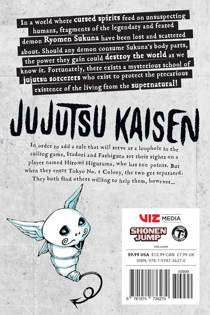 Back cover of 'Jujutsu Kaisen' with text and character illustration.