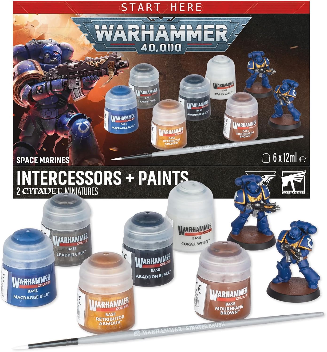 Warhammer 40,000 Intercessors + Paints kit for Space Marines, showing the retail box, six small paint bottles, a brush, and two painted miniature figures on a white background.