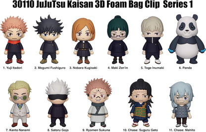 A product lineup graphic for '30110 JujuTsu Kaisen 3D Foam Bag Clip Series 1' showing ten chibi-style character figures on a white background with black text labels. The figures include Yuji Itadori, Megumi Fushiguro, Nobara Kugisaki, Maki Zen'in, Toge Inumaki, a Panda, Kento Nanami, Satoru Gojo, Ryomen Sukuna, Chase Sugu Geto, and Mahito.