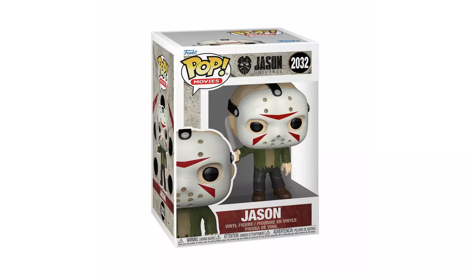 Funko Pop! Movies Jason Voorhees vinyl figure number 2032, shown in its original window box packaging against a plain white background.