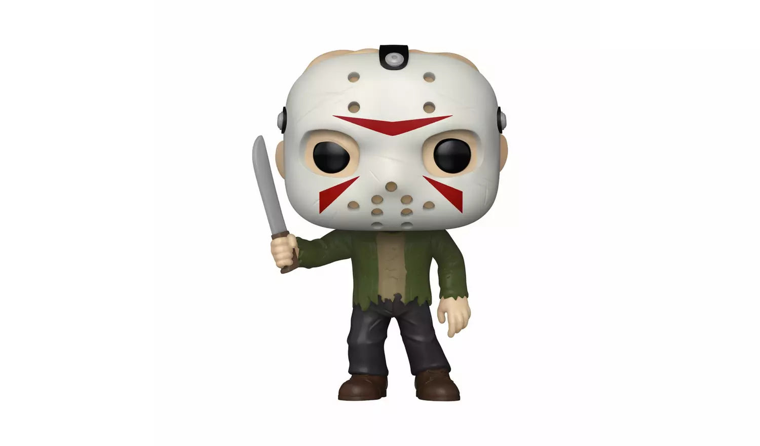 A stylized vinyl figure of a hockey-masked killer holding a knife, wearing an olive green shirt, dark pants, and brown shoes, isolated on a white background.