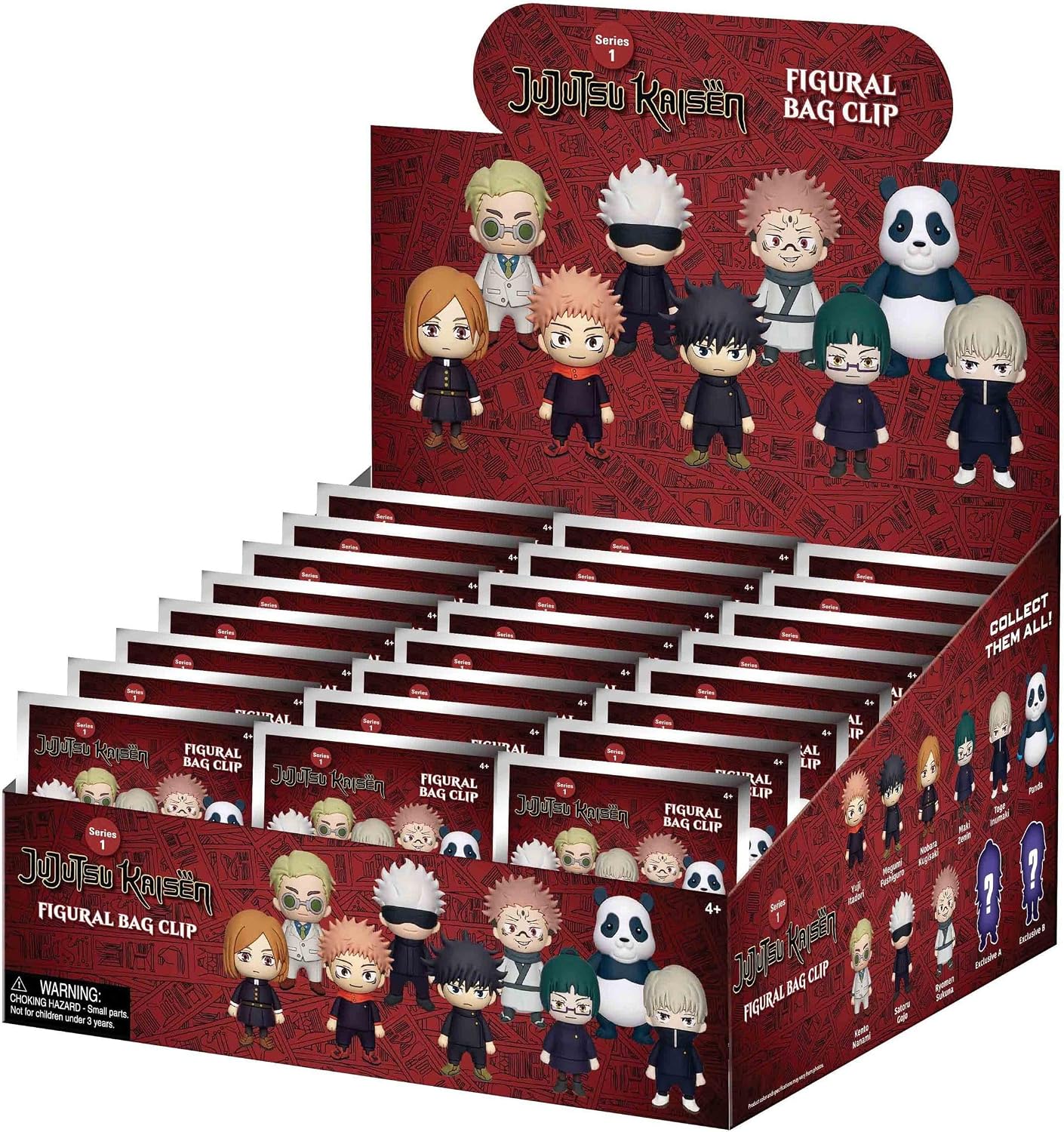 A retail display box filled with Jujutsu Kaisen Figural Bag Clip blind packs. The display features character illustrations of various Jujutsu Kaisen anime figures on the red patterned packaging.