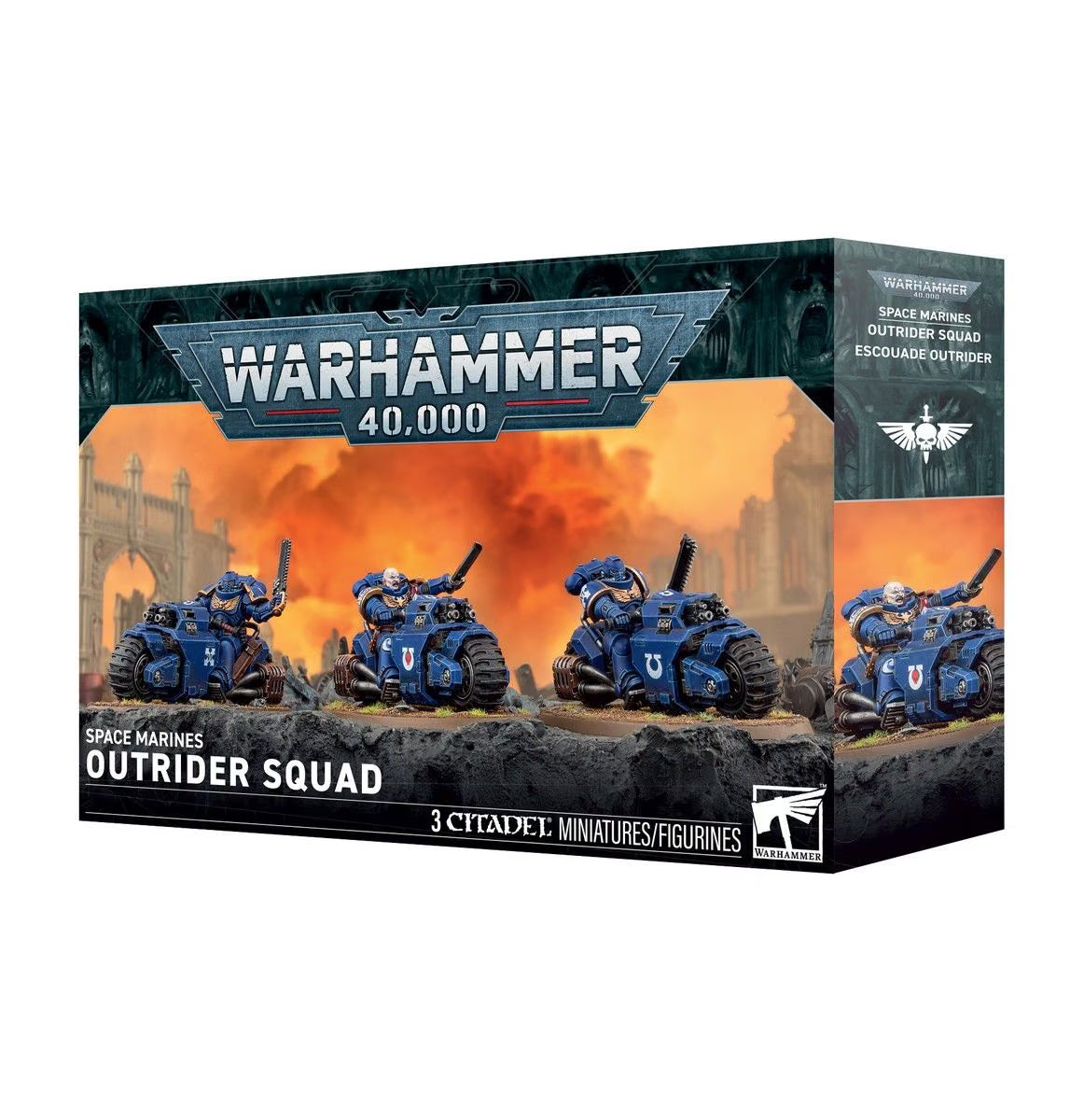 Warhammer 40,000 Space Marines Outrider Squad miniatures box set, featuring three blue armored vehicle figures on a dark rocky base with an orange battle scene on the front of the packaging.