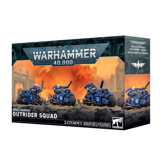 Warhammer 40,000 Space Marines Outrider Squad miniatures box set, featuring three blue armored vehicle figures on a dark rocky base with an orange battle scene on the front of the packaging.