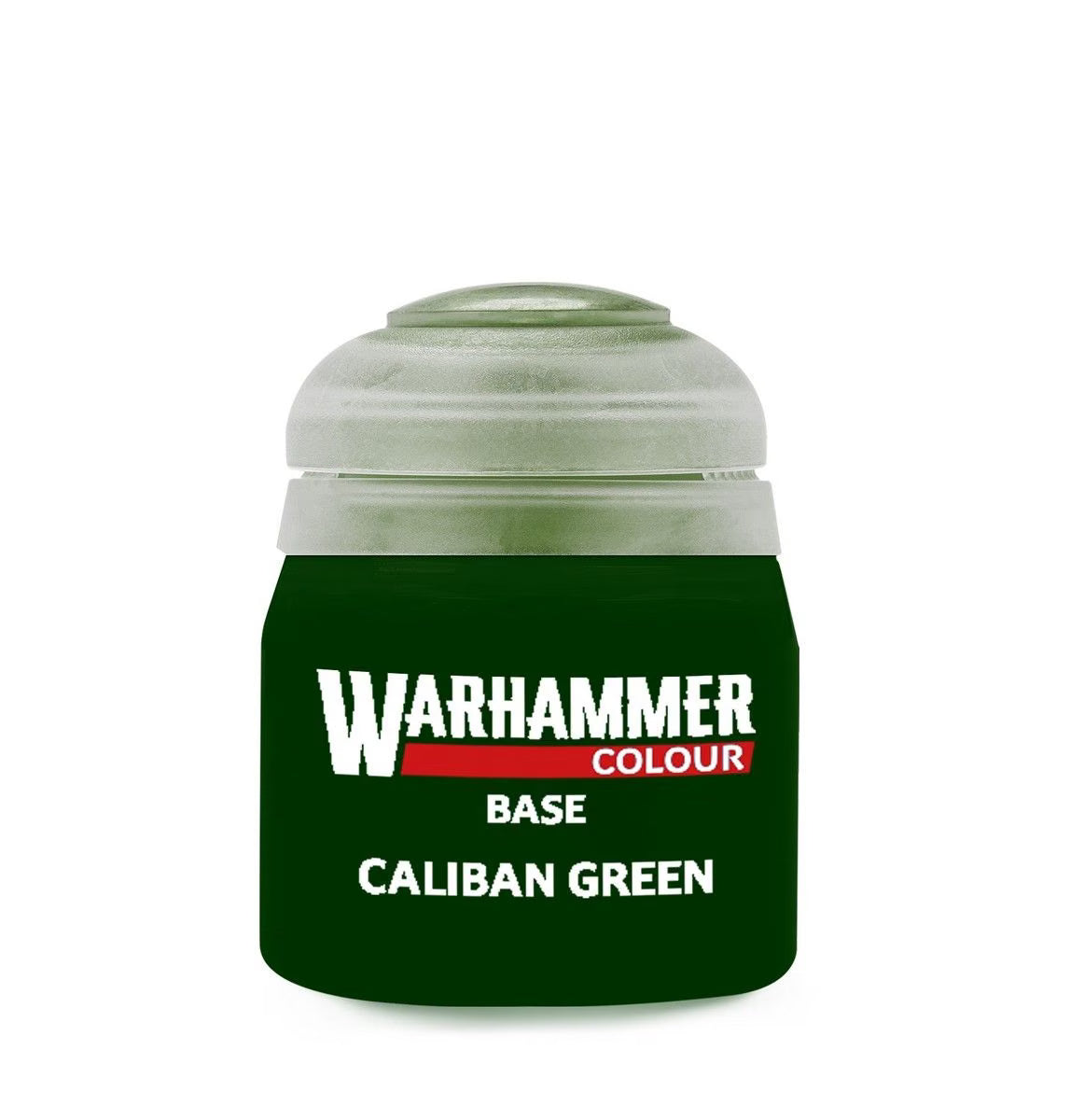 A small jar of Warhammer Colour base paint in the shade Caliban Green, featuring a dark green body and a translucent light green cap, on a plain white background.
