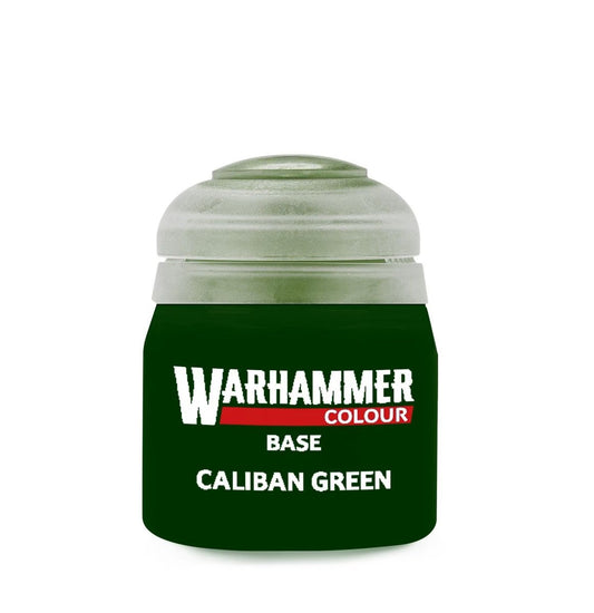 A small jar of Warhammer Colour base paint in the shade Caliban Green, featuring a dark green body and a translucent light green cap, on a plain white background.